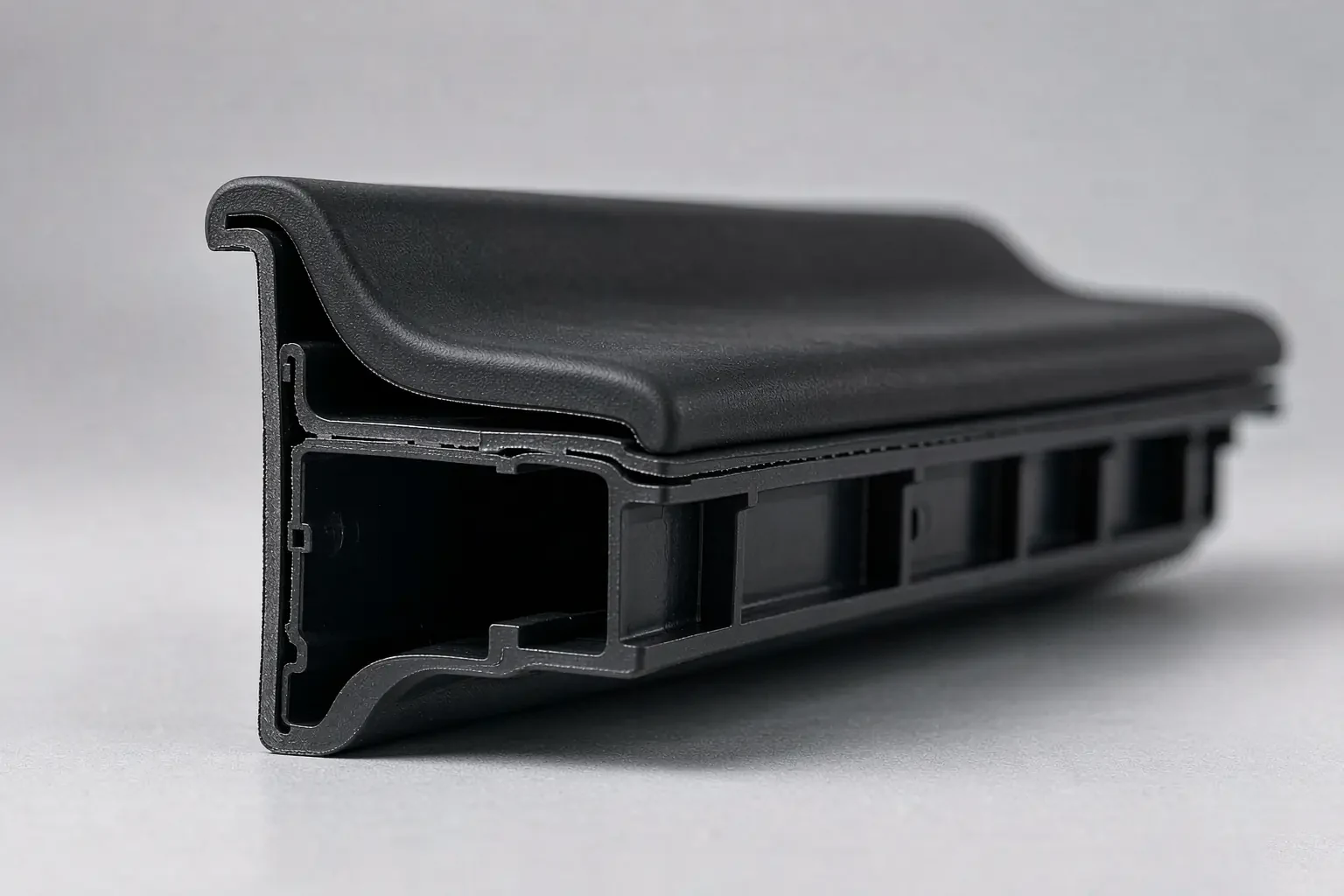 Cross-section of a black textured exterior trim profile showing ribs and clip channels