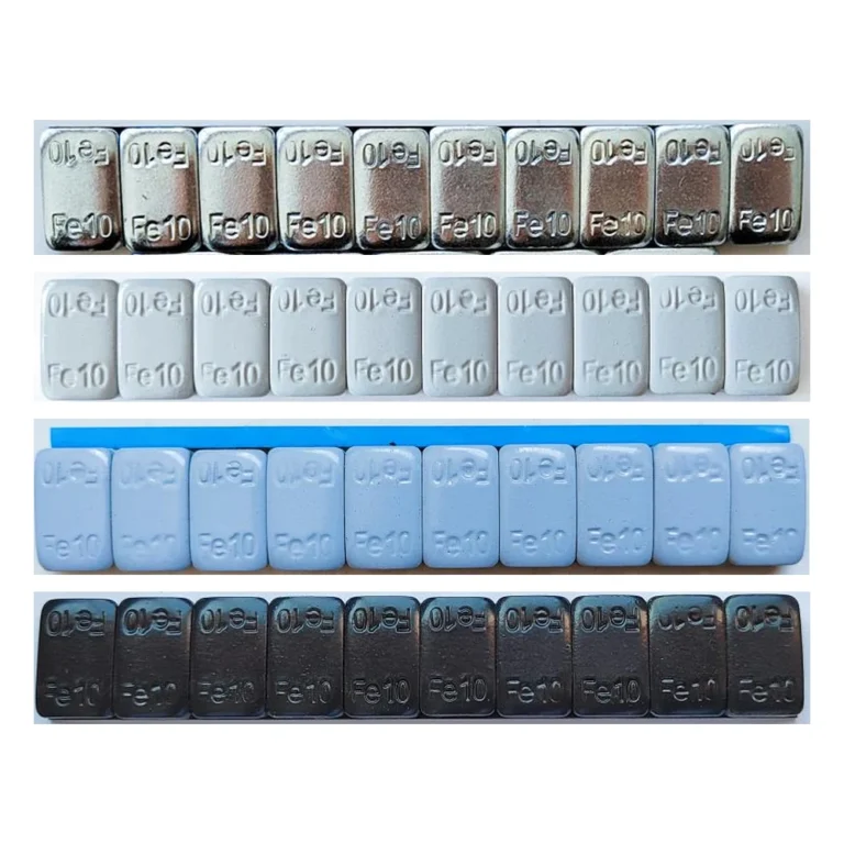 Thick 7 mm steel adhesive wheel weight strips 10g x 10 in zinc plated, grey coated, grey wide tape and black coated finishes