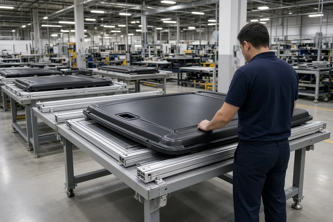 Worker inspecting a hard tonneau cover panel on a factory production line