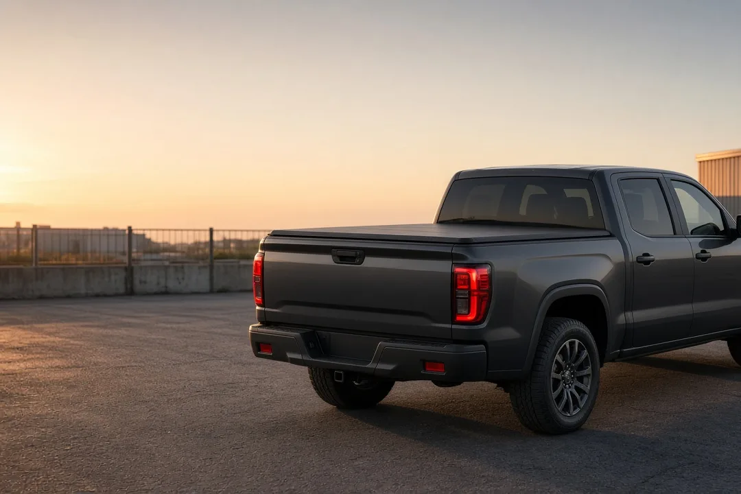 Pickup truck with a closed hard folding tonneau cover parked at dusk