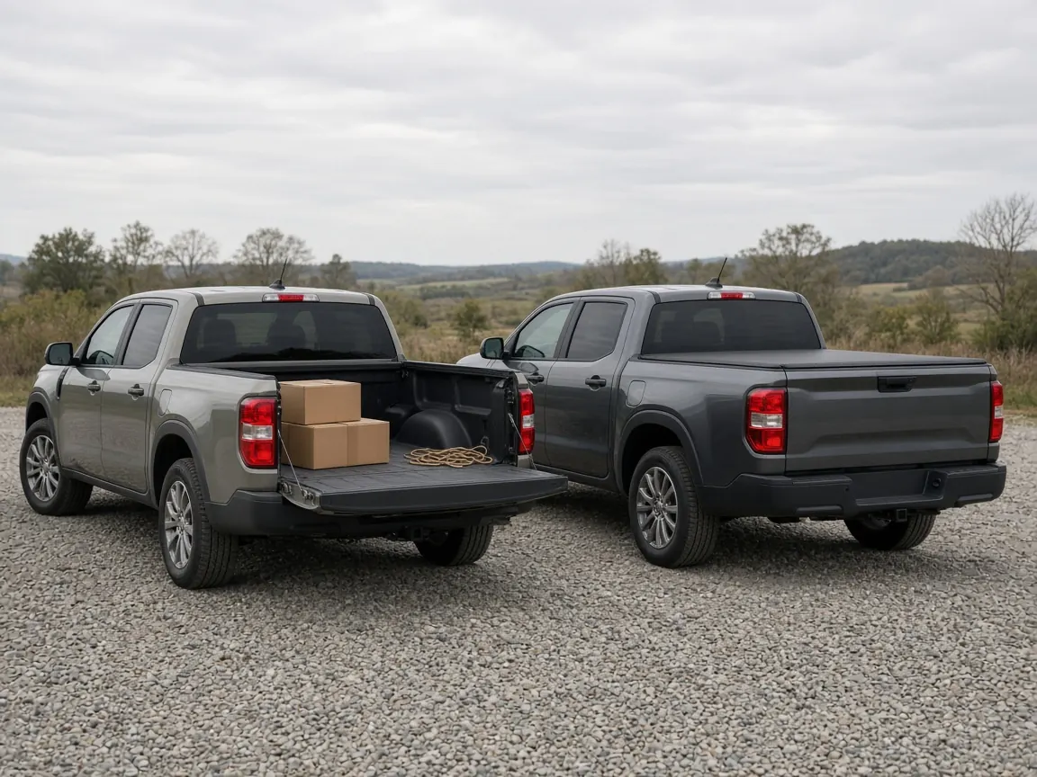 Should You Put a Tonneau Cover on a Truck? 1 Open pickup bed with boxes beside a pickup bed closed by a black tonneau cover