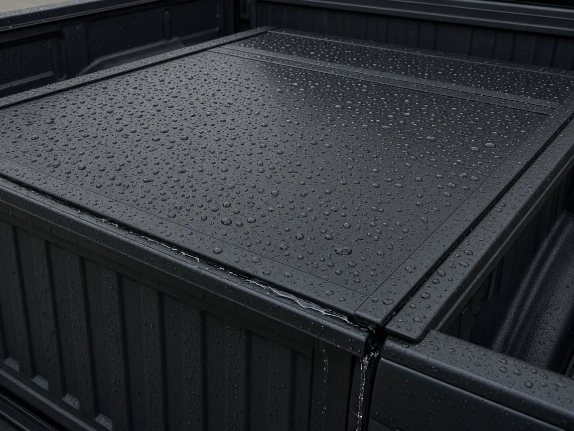 Should You Put a Tonneau Cover on a Truck? 2 Rainwater running at the tailgate corner of a black tonneau cover