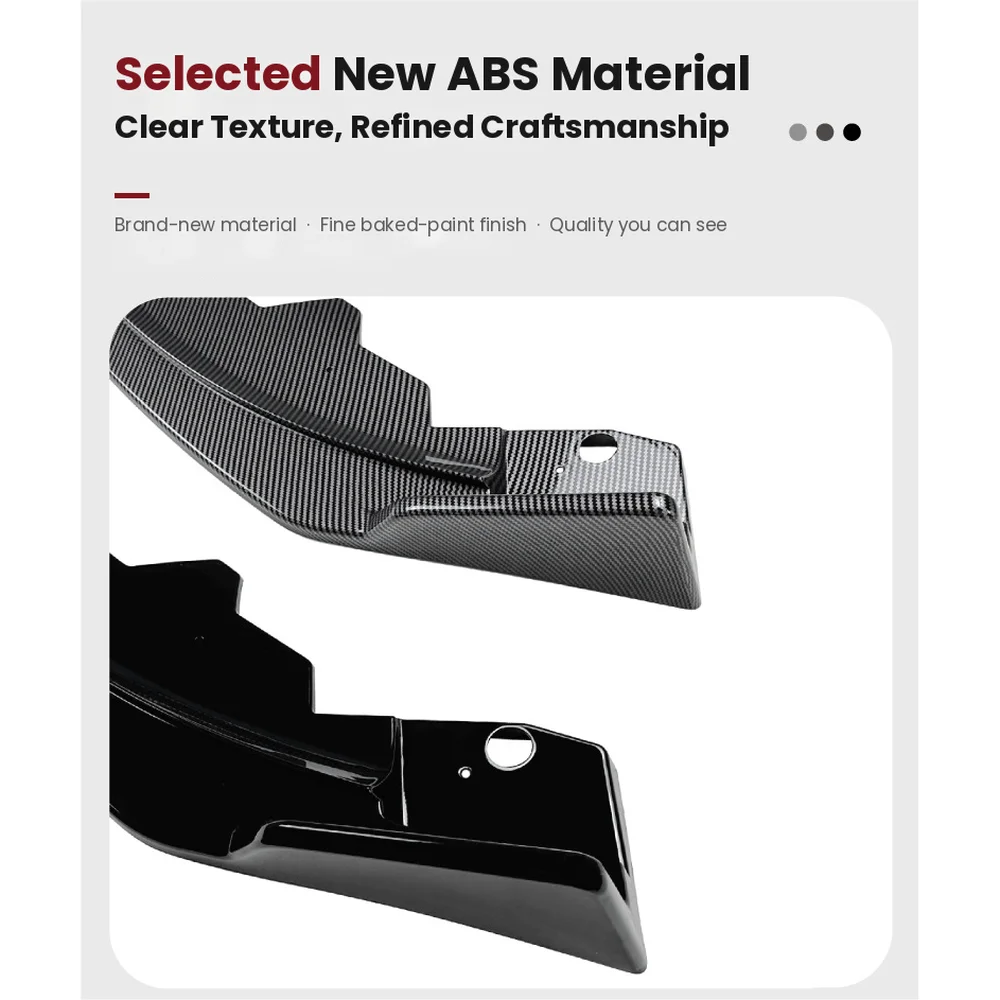 Close-up of ABS front lip ends in carbon pattern and gloss black finishes