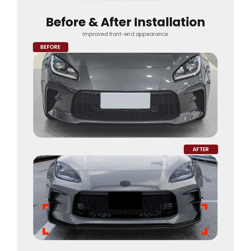 Toyota GR86 front bumper before and after installing the front lip splitter