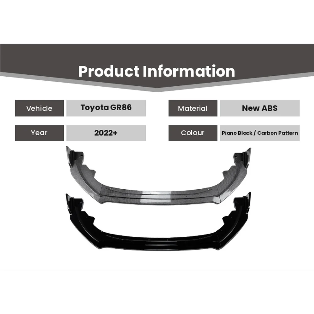 Toyota GR86 front lip product information: 2022+, new ABS, piano black or carbon pattern