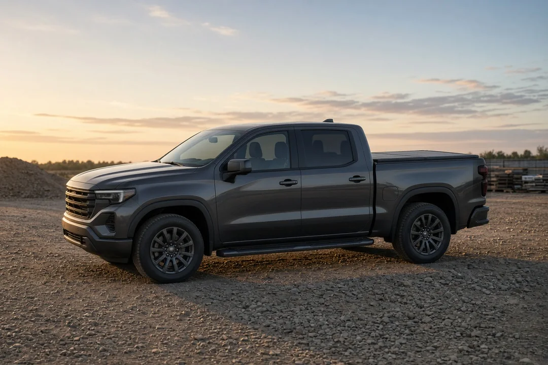 Dark gray pickup truck with a black hard tonneau cover and side running boards at a gravel work yard