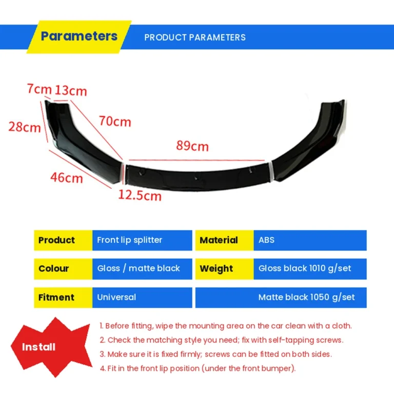 Universal 3 Piece Front Lip Splitter Parameters Dimensions Weight