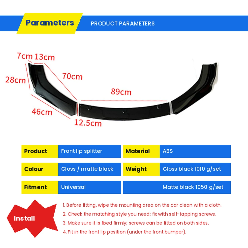 Universal 3-Piece Front Lip Splitter, ABS Gloss Black / Matte Black / Carbon 11 Front lip splitter dimensions, ABS material, weights and installation notes