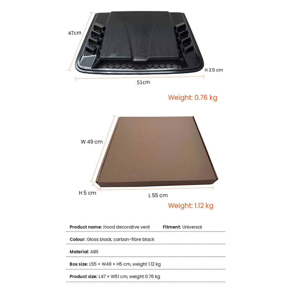 Universal Car Hood Vent Scoop, Stick-On Bonnet Louvre 2 Hood vent scoop dimensions 51 x 47 x 3.5 cm and package box 55 x 49 x 5 cm