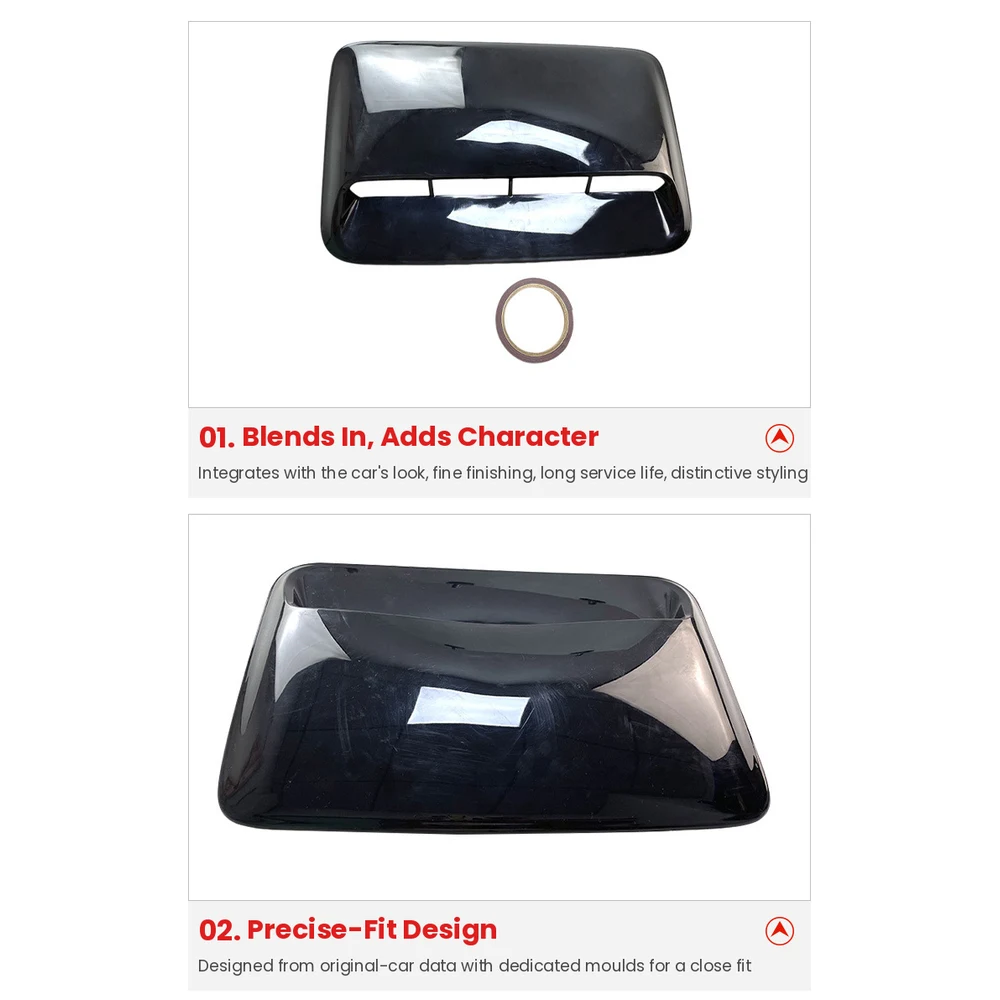 Universal Stick-On Car Hood Vent Scoop, ABS Gloss Black / Carbon / White 7 Gloss black hood vent scoop close-up with adhesive tape roll