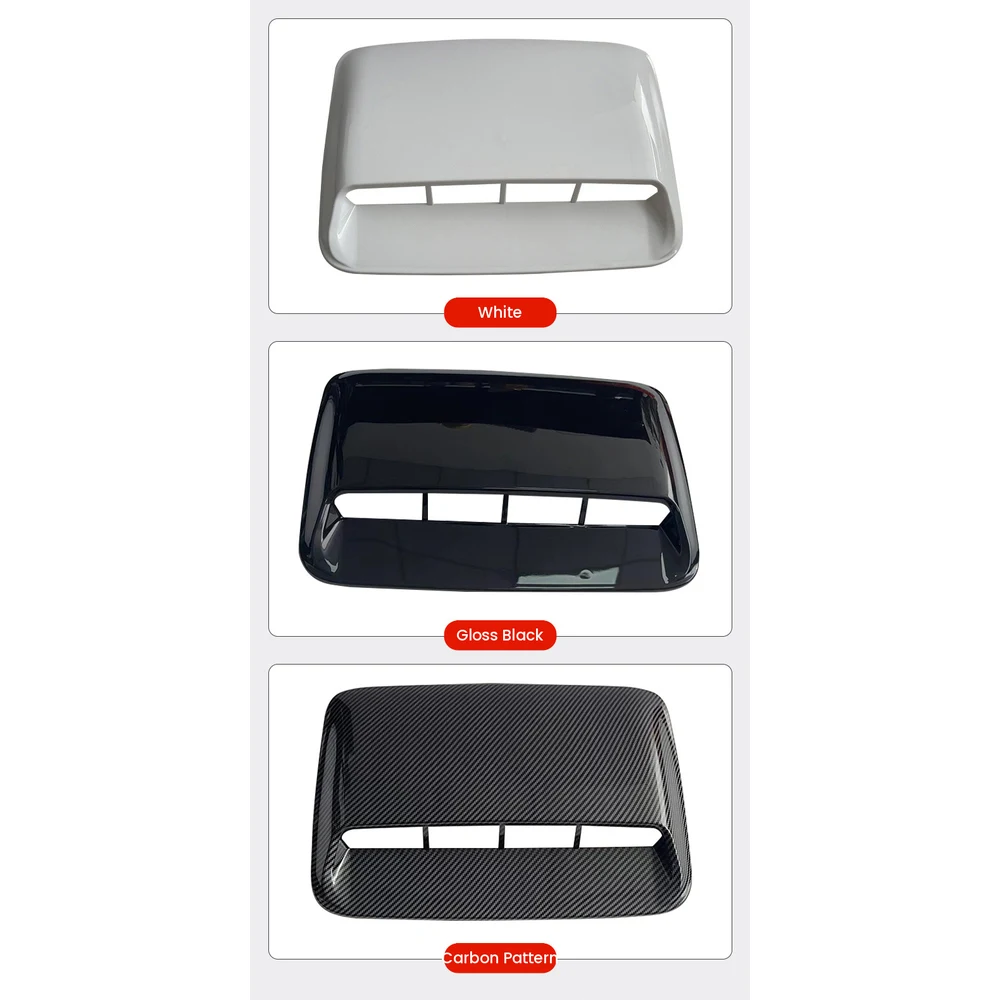 Universal Stick-On Car Hood Vent Scoop, ABS Gloss Black / Carbon / White 3 Hood vent scoop colour options: white, gloss black and carbon pattern