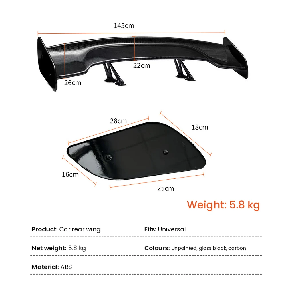 Universal GT wing dimensions 145 cm by 26 cm and end plate 28 by 18 cm