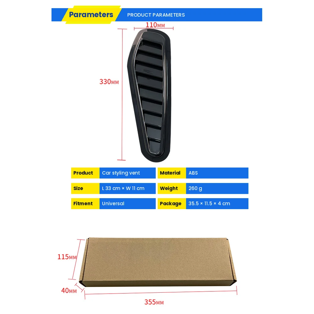 Hood vent louver parameters: ABS, 33 x 11 cm, 260 g, package 35.5 x 11.5 x 4 cm