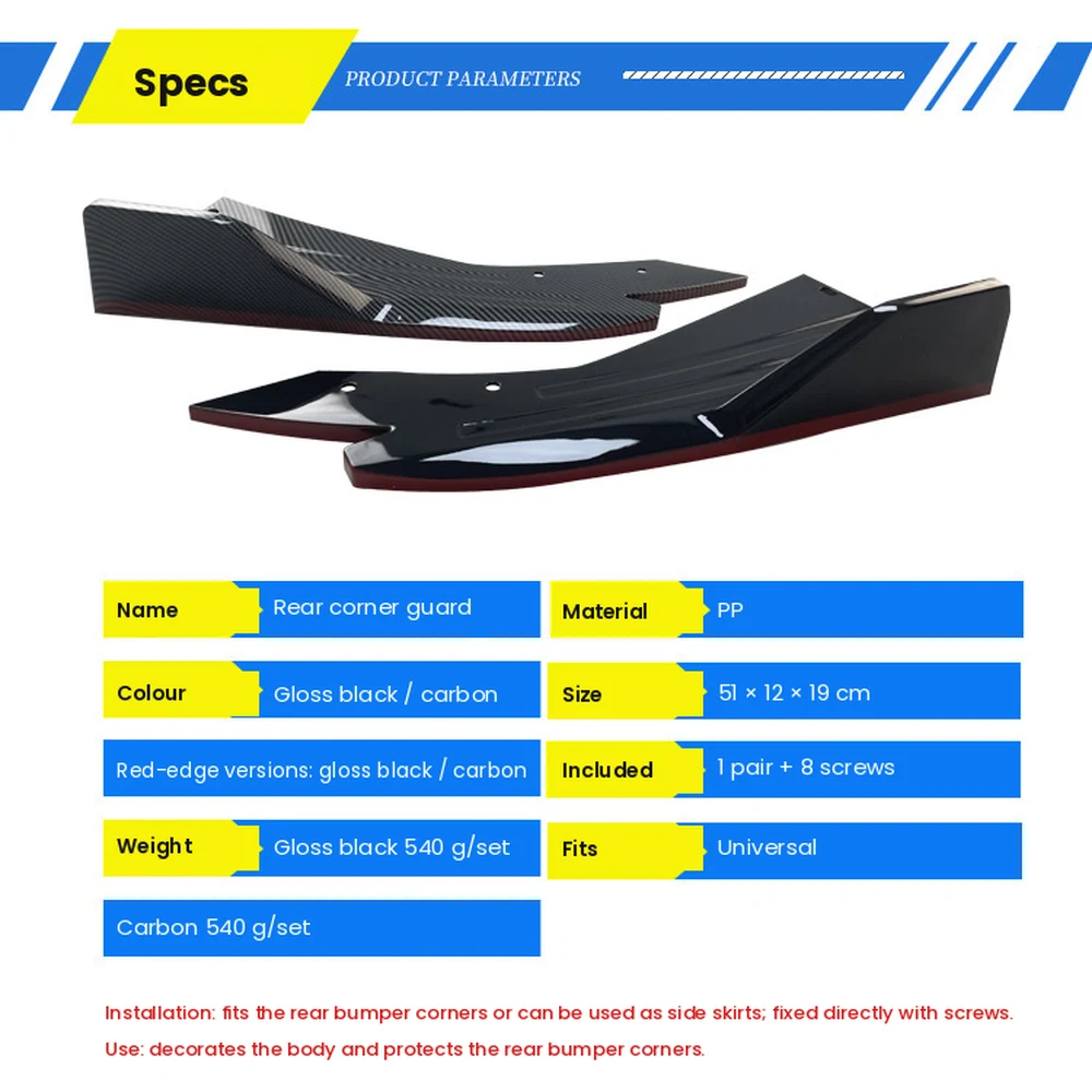 Product parameters for universal rear bumper corner guards