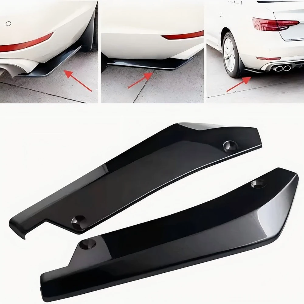 Gloss black rear bumper corner splitters installed on white cars