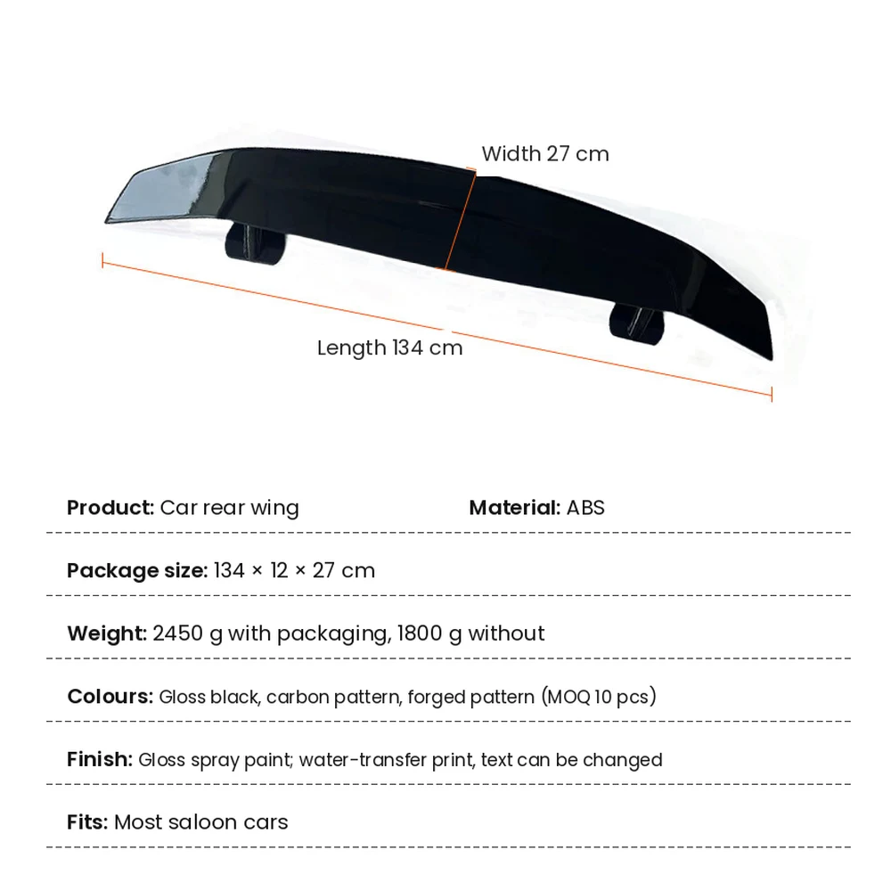 Universal Rear Wing Spoiler for Saloons, ABS 134 cm 2 Universal rear wing spoiler dimensions 134 cm by 27 cm and package details
