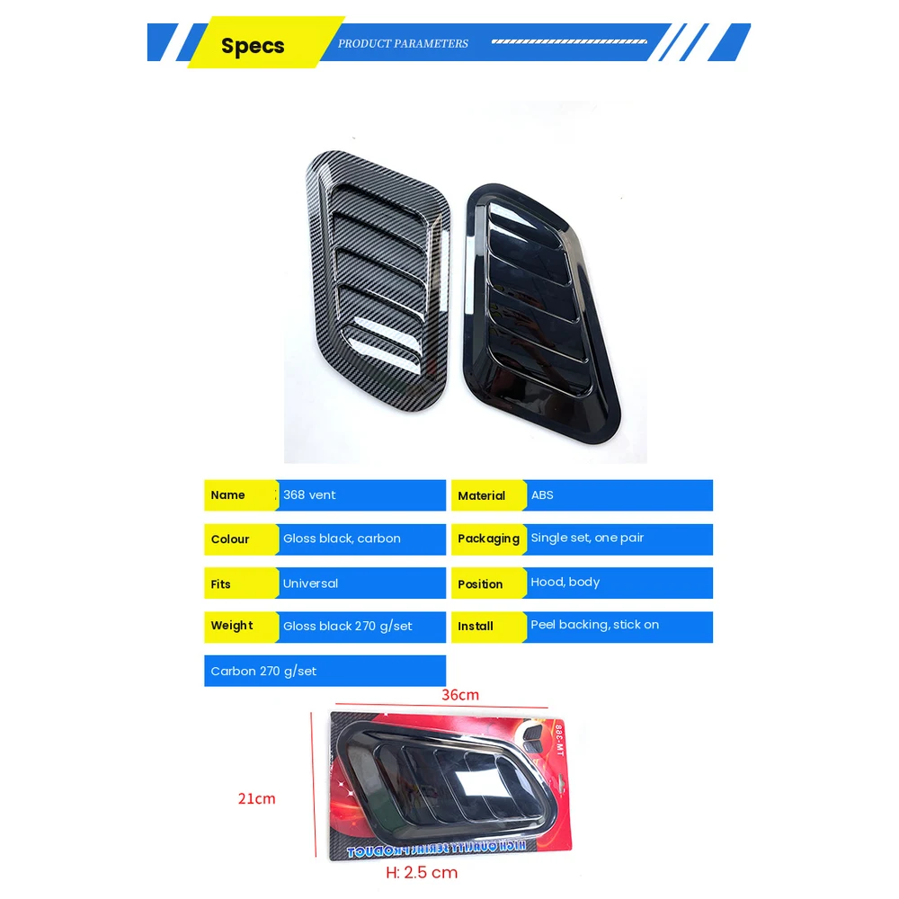 Universal Shark Gill Side Vents, Stick-On ABS Pair 2 Product parameters for universal shark gill side vents, card 36 x 21 x 2.5 cm