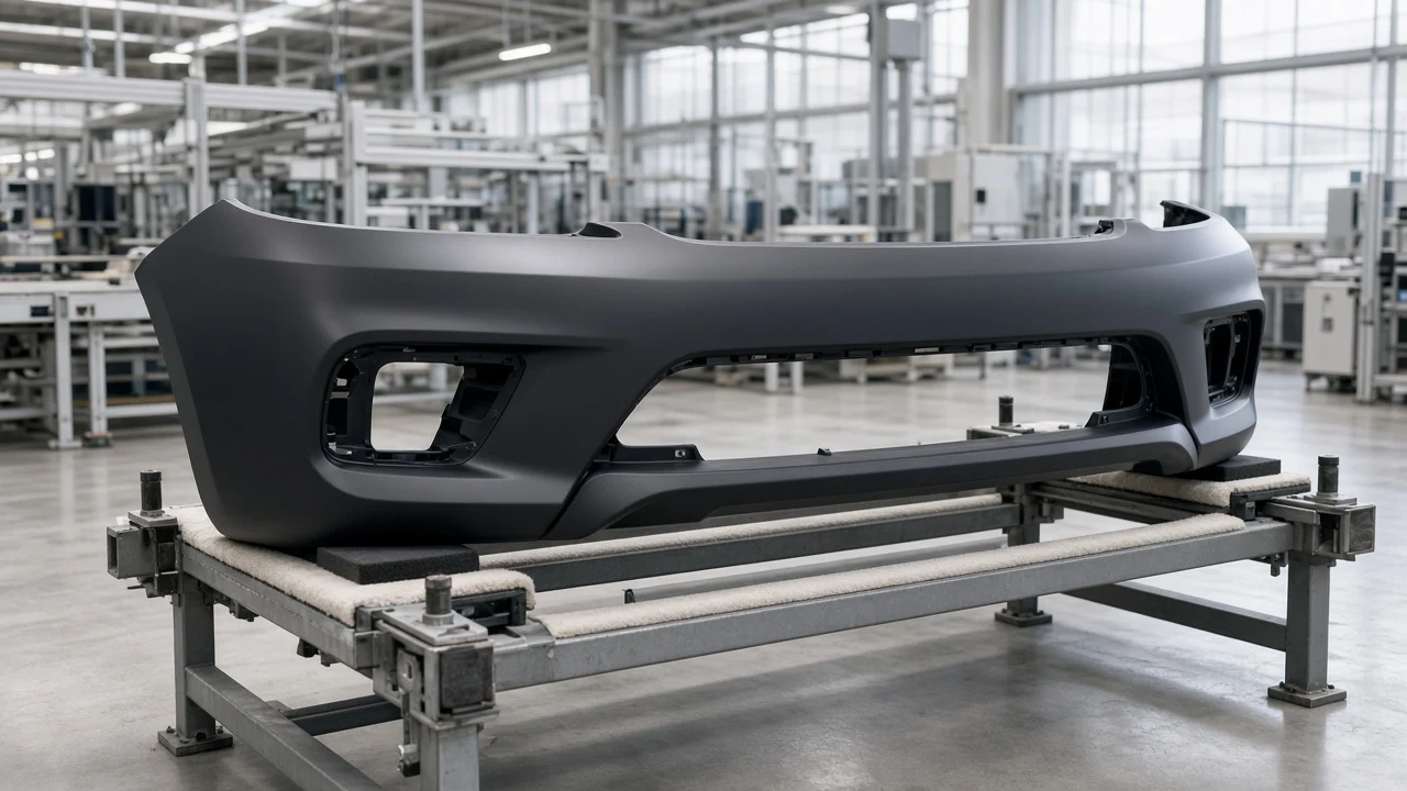 PP Plastic & TPO for Car Bumpers and Exterior Parts 3 Unpainted dark grey PP/TPO front bumper fascia on a padded factory rack