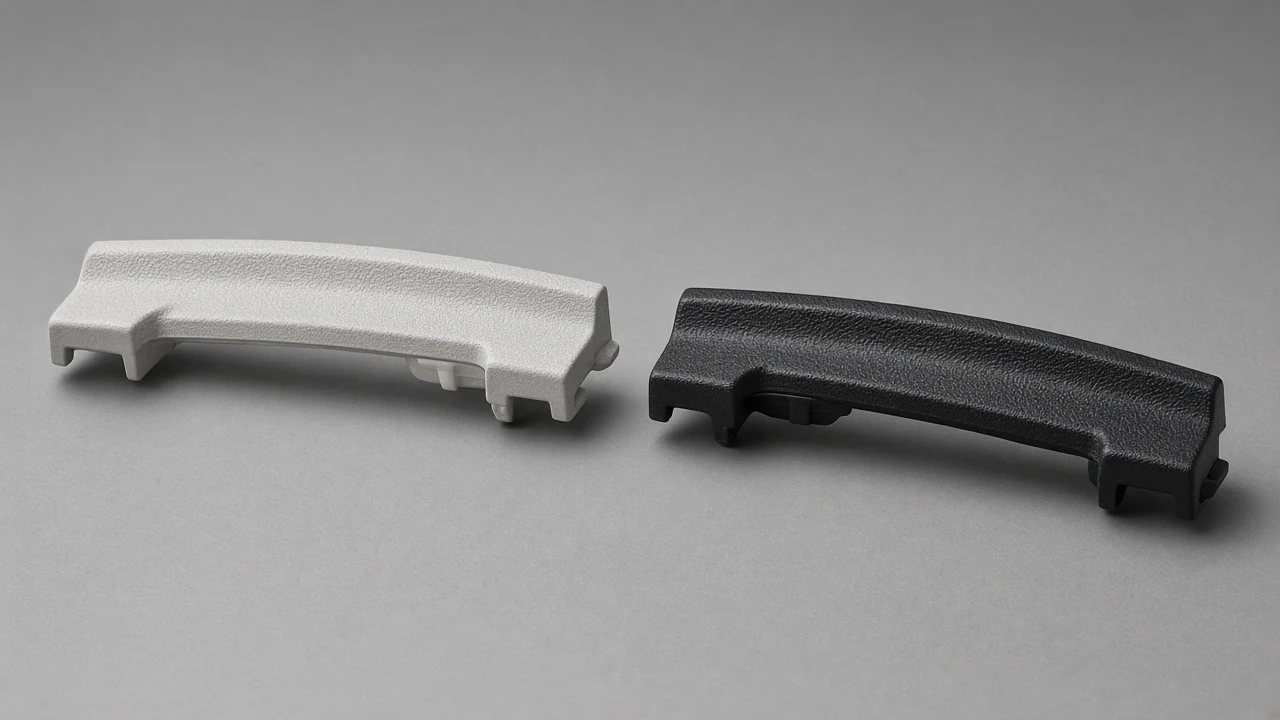 ABS Plastic for Automotive Exterior Parts: Properties & Uses 4 Black exterior trim faded by sun exposure next to a UV-stable black trim piece