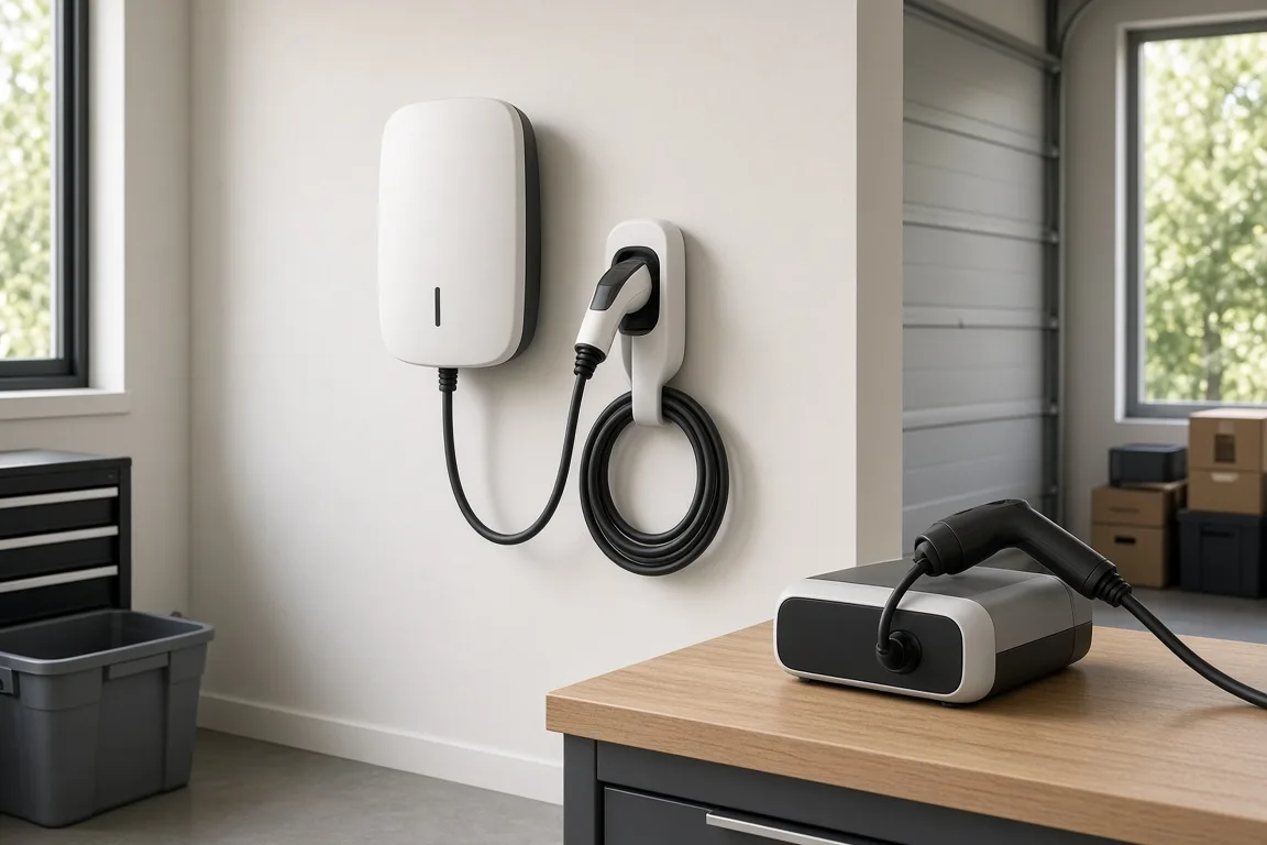 Wall-mounted AC EV charger and a portable EV charger in a home garage