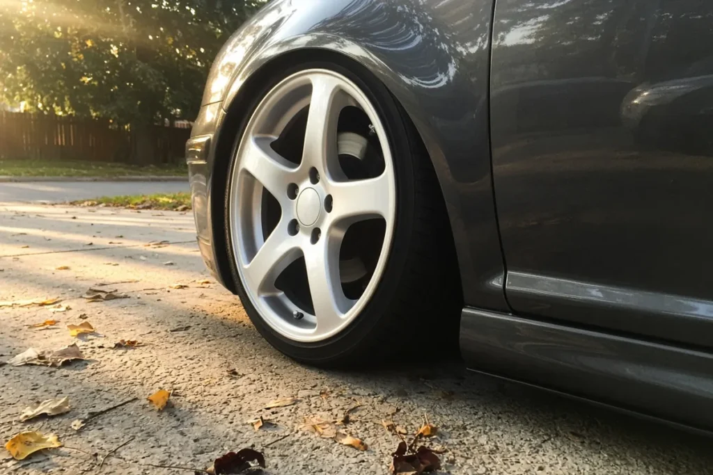 Silver five-spoke alloy wheel and tire on a dark car, seen from a low angle in a sunlit driveway with fallen leaves