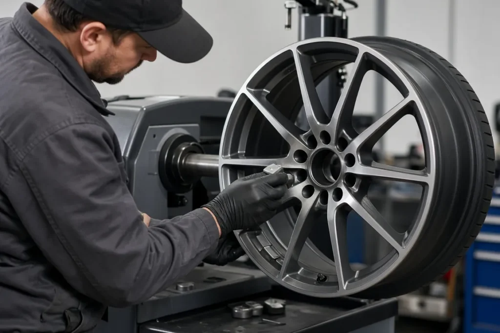 Technician applying wheel balancing weights to an alloy wheel on a tire balancer