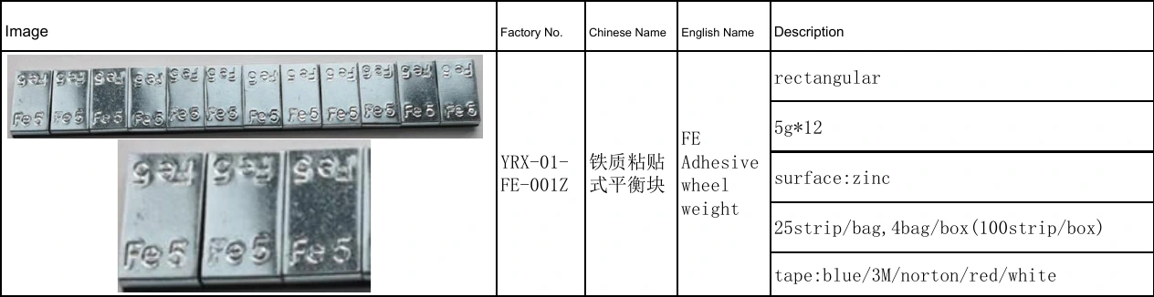 Yirox catalog entry YRX-01-FE-001Z showing FE adhesive weights, 5g by 12 segments, zinc finish, and 100 strips per box