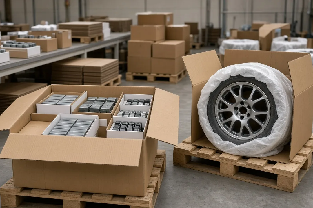 Boxed wheel balancing weights and a foam-wrapped wheel packed on pallets for export