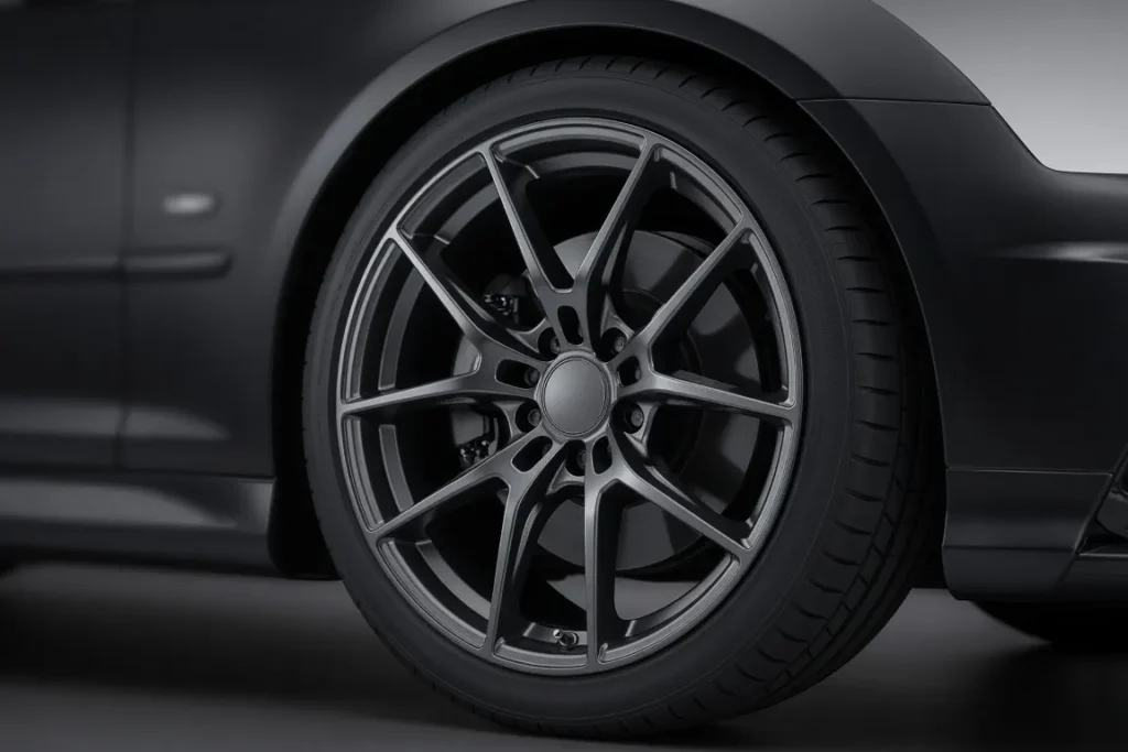 Aftermarket multi-spoke alloy wheel fitted on a dark car