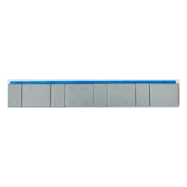 Grey coated rectangular steel adhesive wheel weight strip, 5g + 10g x 4, with 2 mm wide blue tape edge