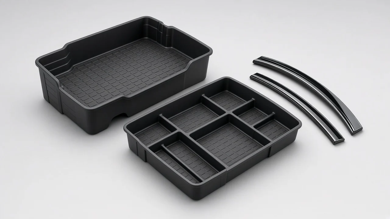 Molded frunk storage box, trunk organizer tray and exterior trim for EVs