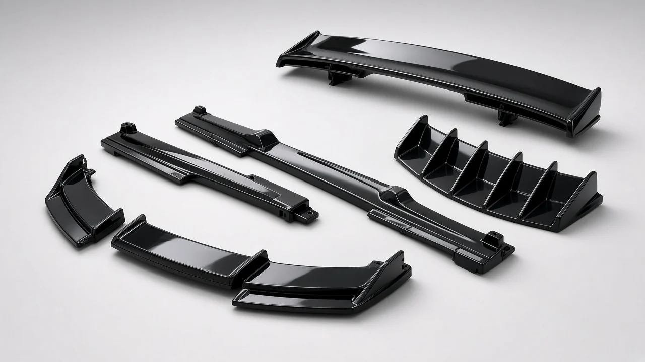 Gloss black front lip, spoiler, side skirts and rear diffuser
