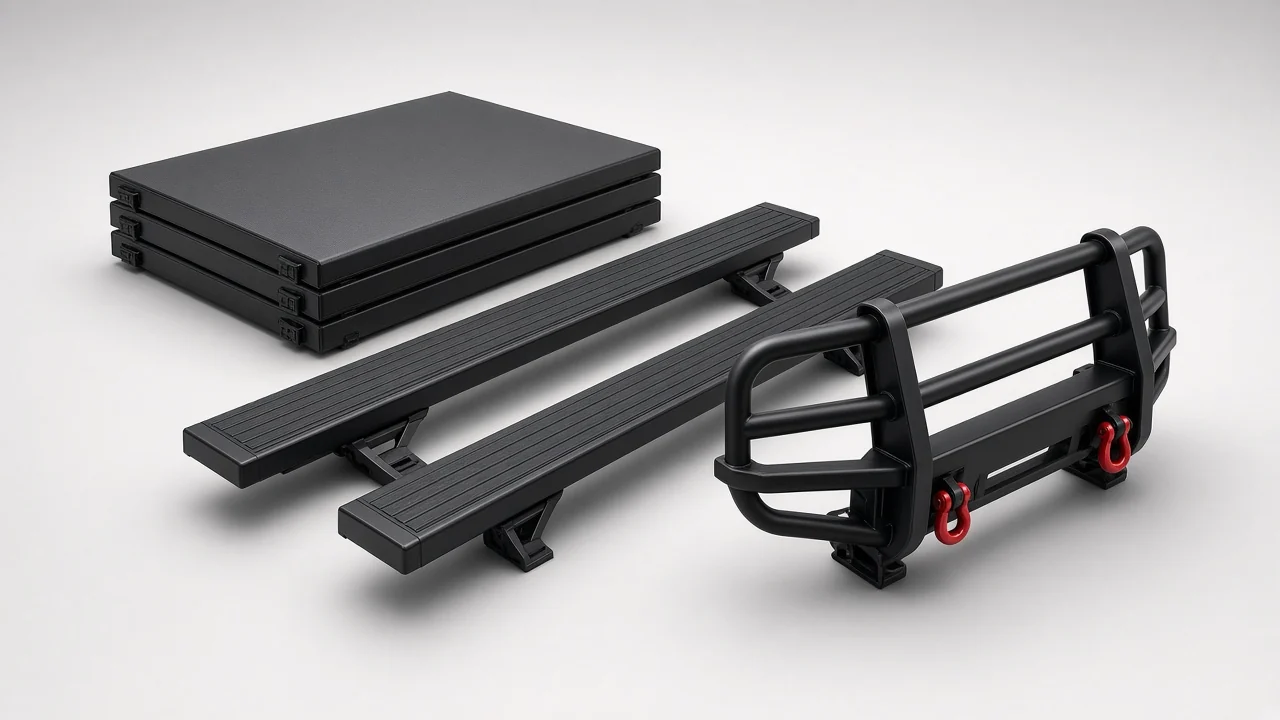 Tri-fold tonneau cover, running boards and bumper guard