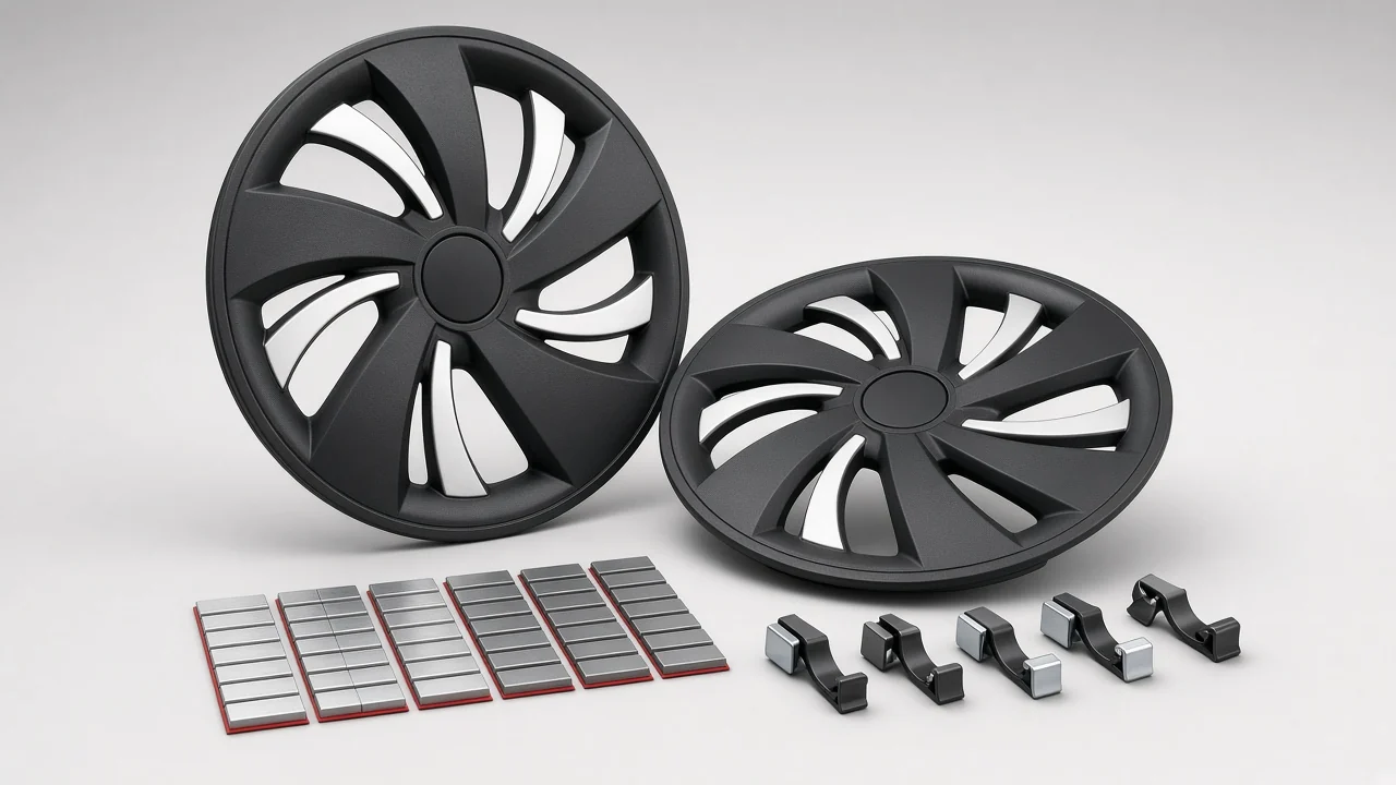 Plastic wheel covers with adhesive and clip-on wheel balancing weights